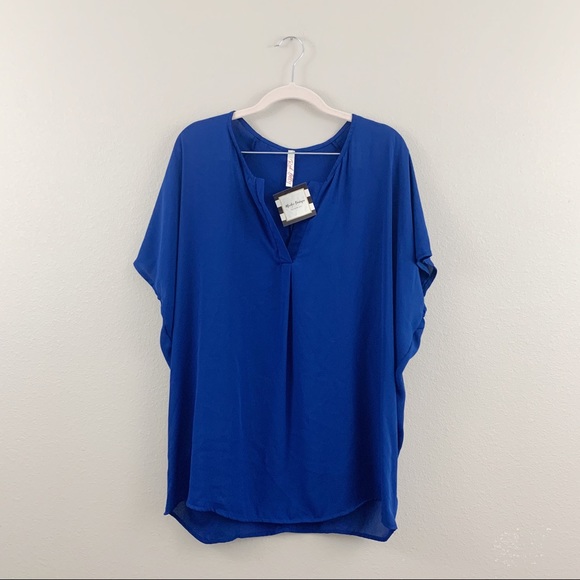 Royal Blue Short Sleeve V Neck Blouse Top - Picture 2 of 8
